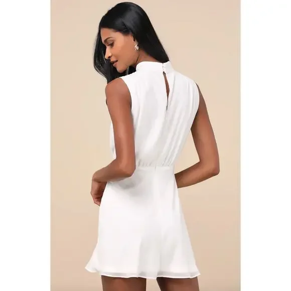 Lulus Classic Elegance White Chiffon Sleeveless Mock Neck Mini Dress Medium - Picture 2 of 10